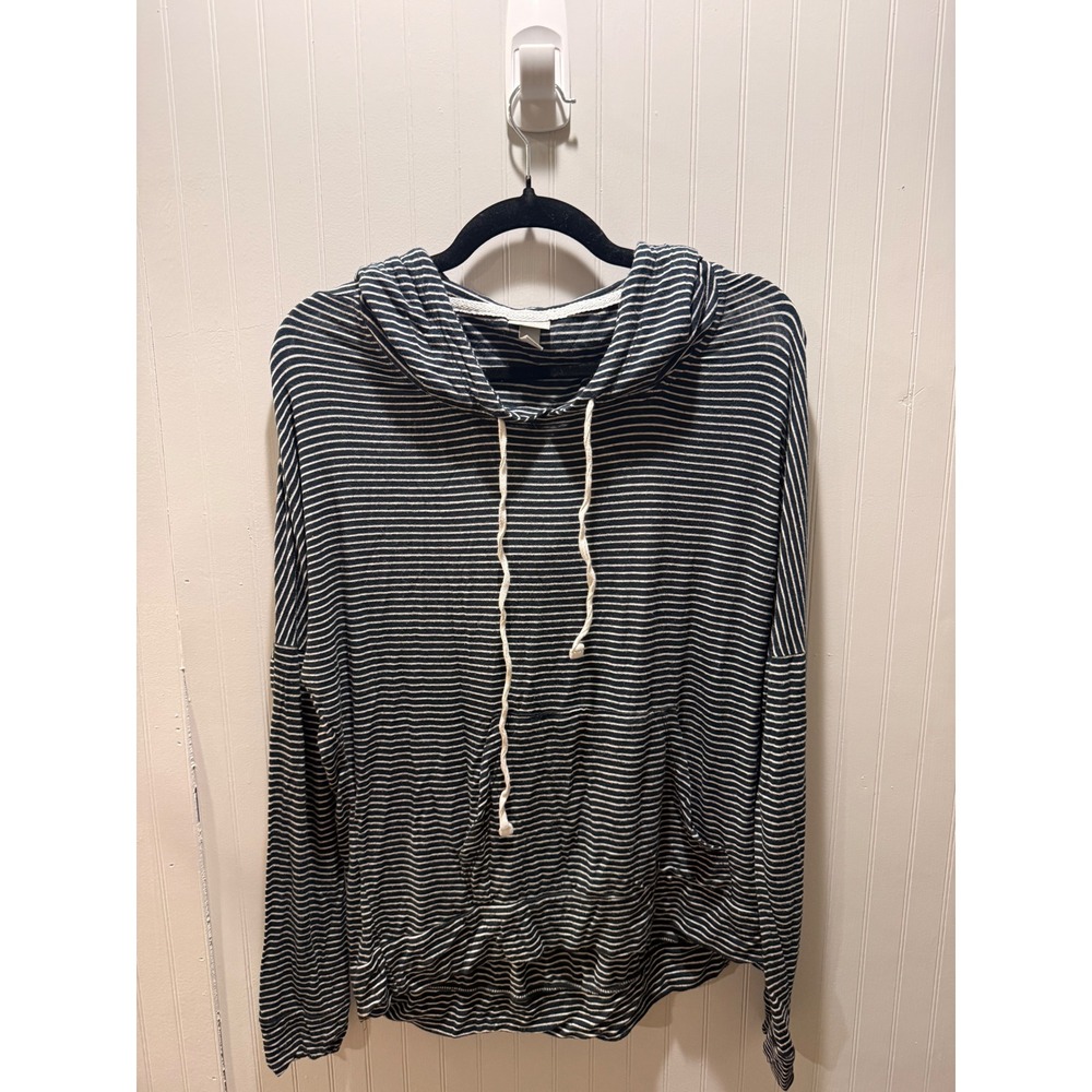 Vanity Womens‎ Striped Hoodie Black White Knit Long Sleeve Drawstring Top Size M